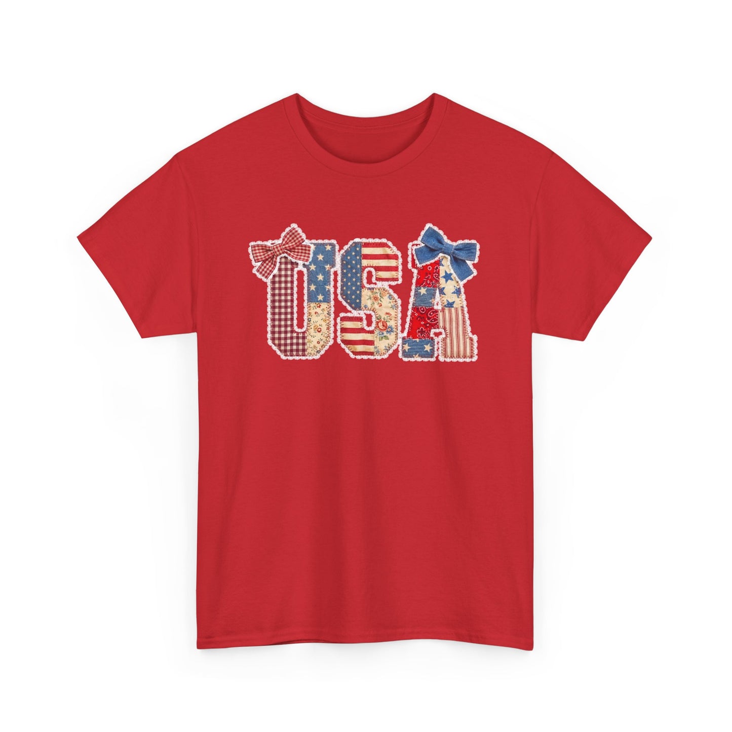 USA Patriotic T‑Shirt — Red White Blue USA Letters with Bows (Fourth of July Tee)