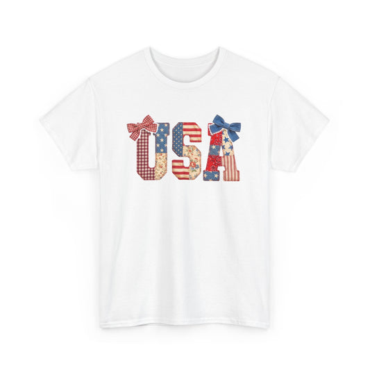 USA Patriotic T‑Shirt — Red White Blue USA Letters with Bows (Fourth of July Tee)