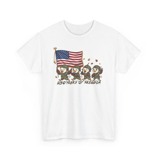 Patriotic Penguins T-Shirt – “250 Years of Freedom” American Flag Tee